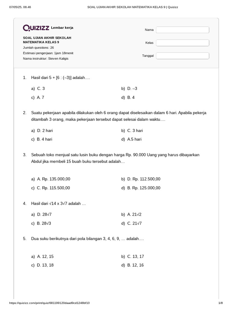Soal Ujian Matematika Kelas 9 PDF