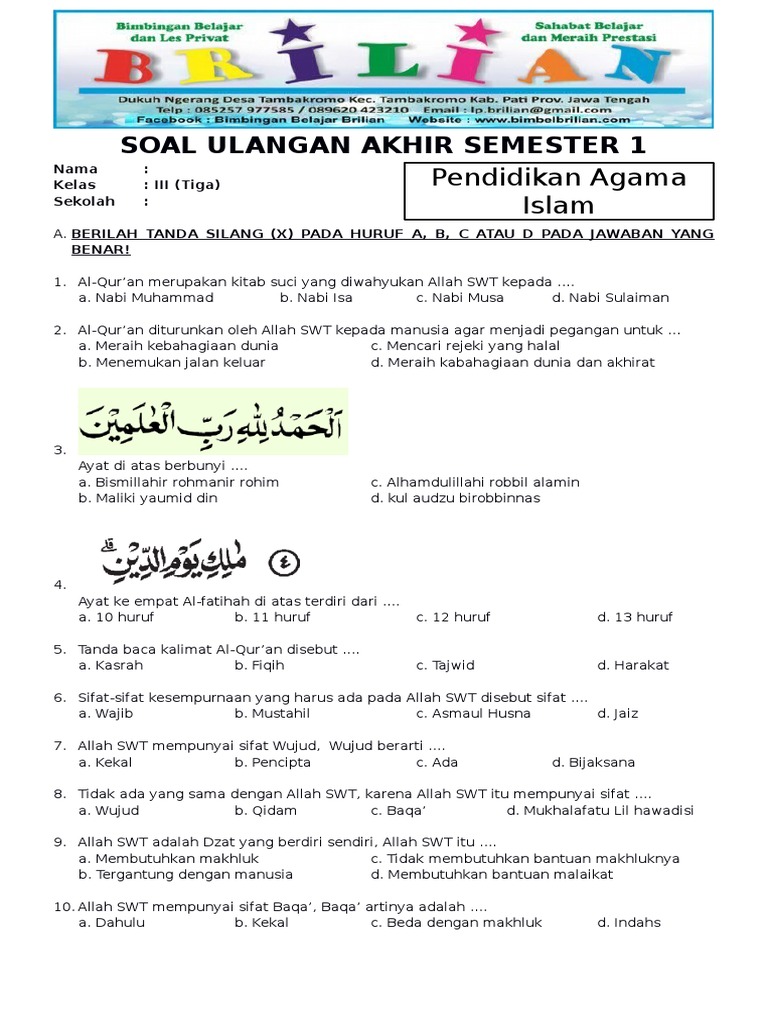 soal pas kelas 3 semester 1 kurikulum 2013
