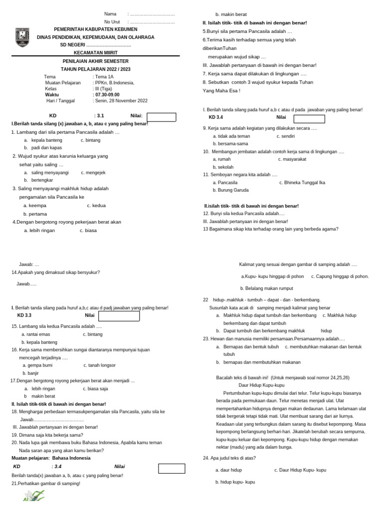 Soal PAS Kelas 3 Tema 1 A PDF