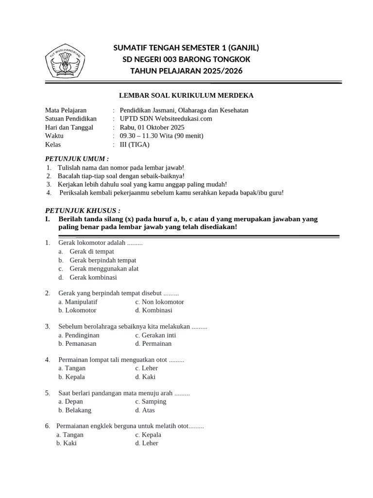 Soal UTS PJOK Kelas 3 SD 2025 PDF Soal UTS PJOK Kelas 3 SD 2025 PDF