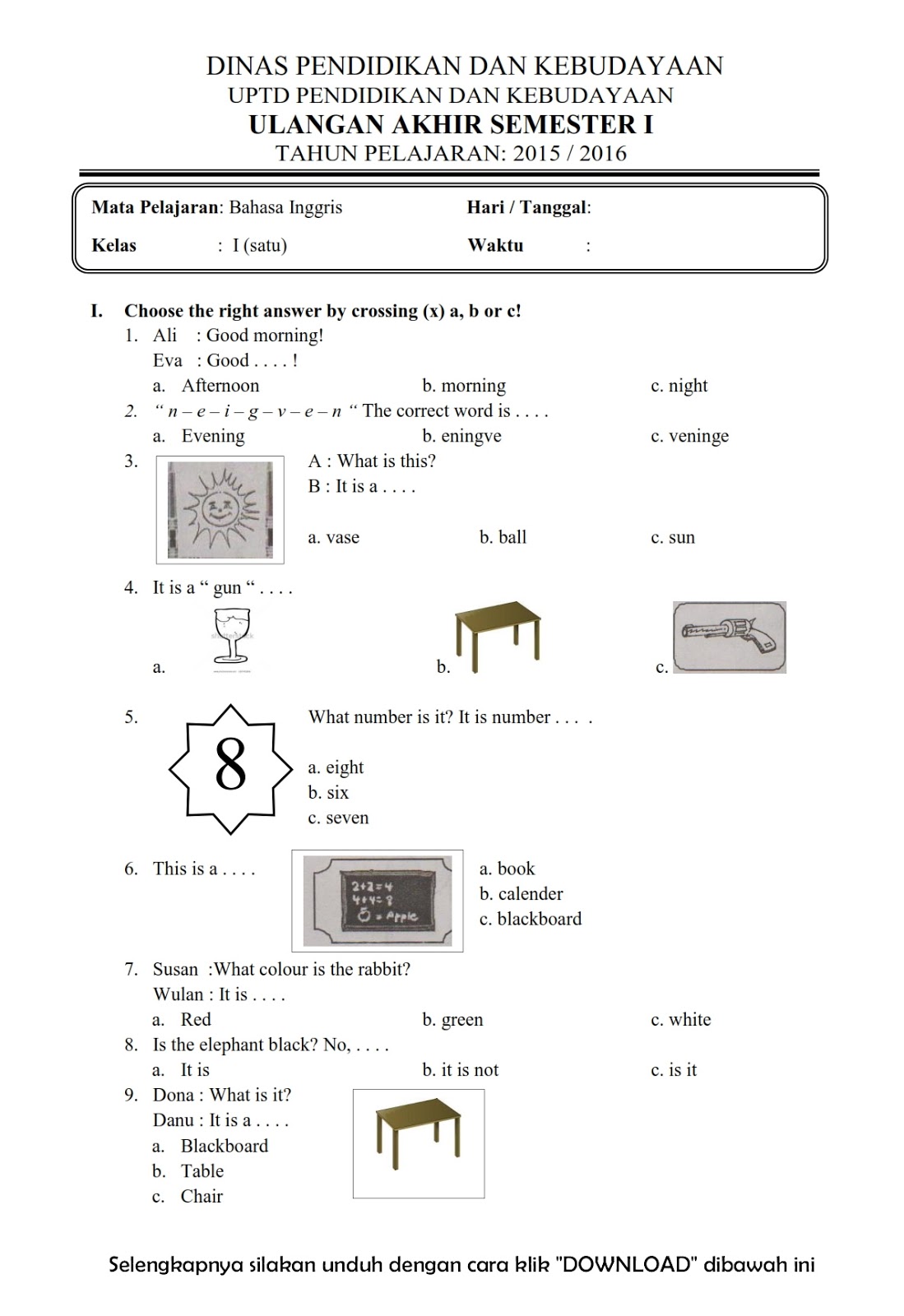 Contoh Soal UTS Bahasa Inggris Kelas 1 SD