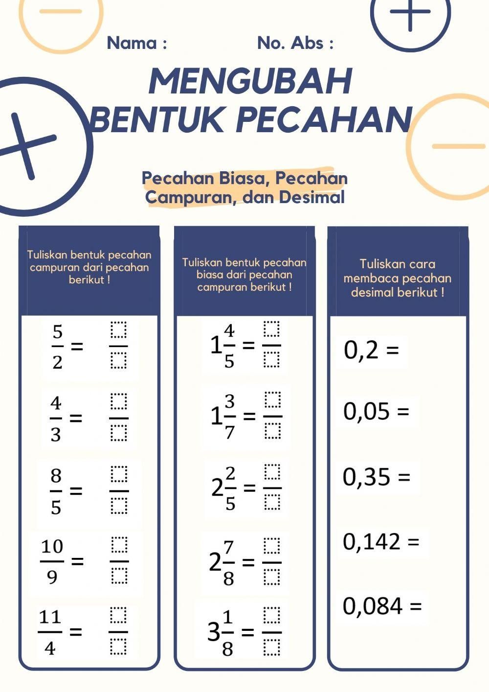 Mengubah pecahan biasa menjadi campuran worksheet Matematik Mengubah pecahan biasa menjadi campuran worksheet Matematik