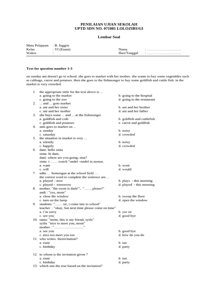 Ujian Sekolah Bahasa Inggris Kelas VI PDF