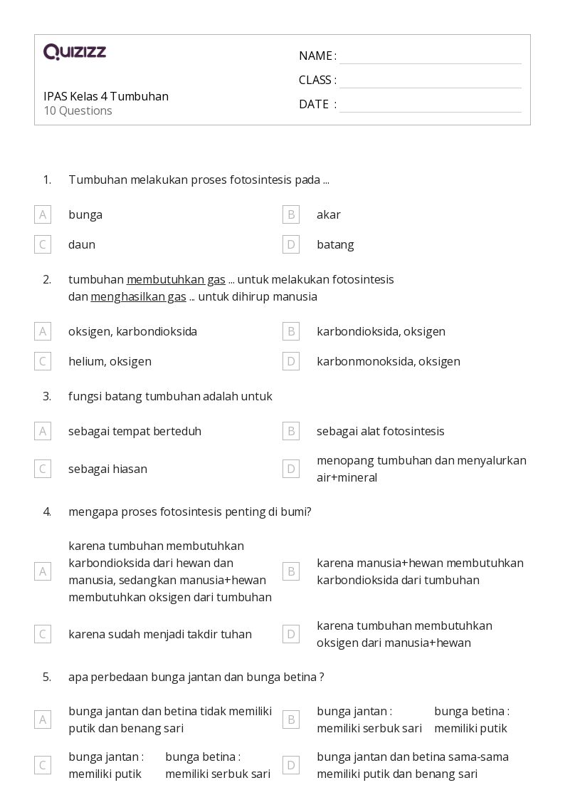 50 lembar kerja Tumbuhan Hewan dan Bumi untuk Kelas 4 di Quizizz 50 lembar kerja Tumbuhan Hewan dan Bumi untuk Kelas 4 di Quizizz