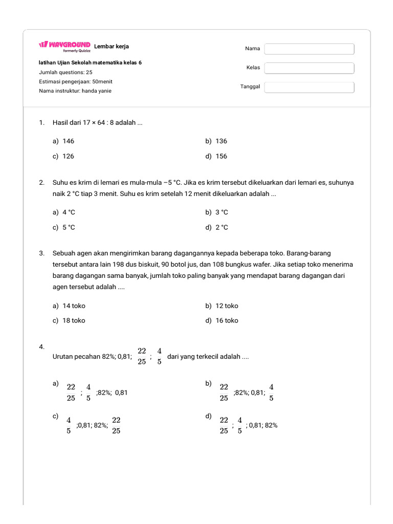 ujian sekolah matematika kelas 6