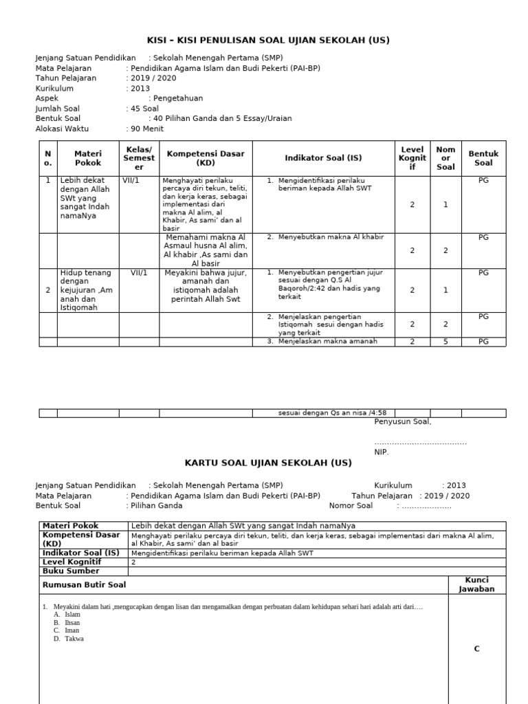 Kisi-Kisi Soal Dan Kartu Soal Us 2020 PDF Kisi-Kisi Soal Dan Kartu Soal Us 2020 PDF