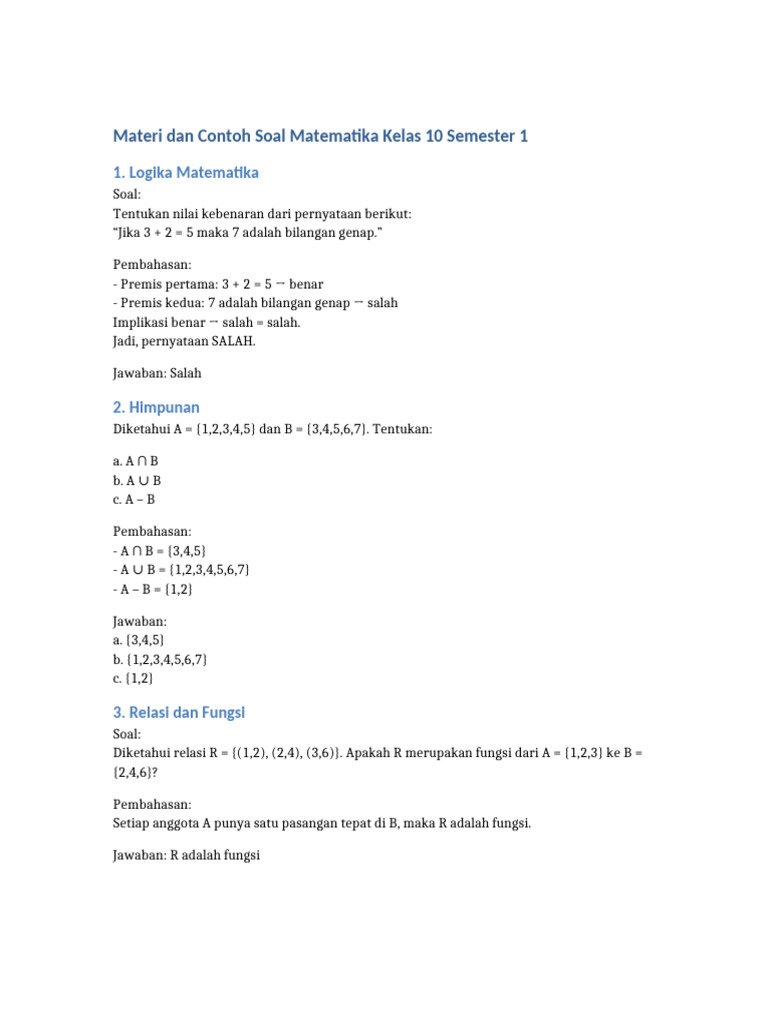 Soal Matematika Kelas 10 Semester 1 PDF Soal Matematika Kelas 10 Semester 1 PDF