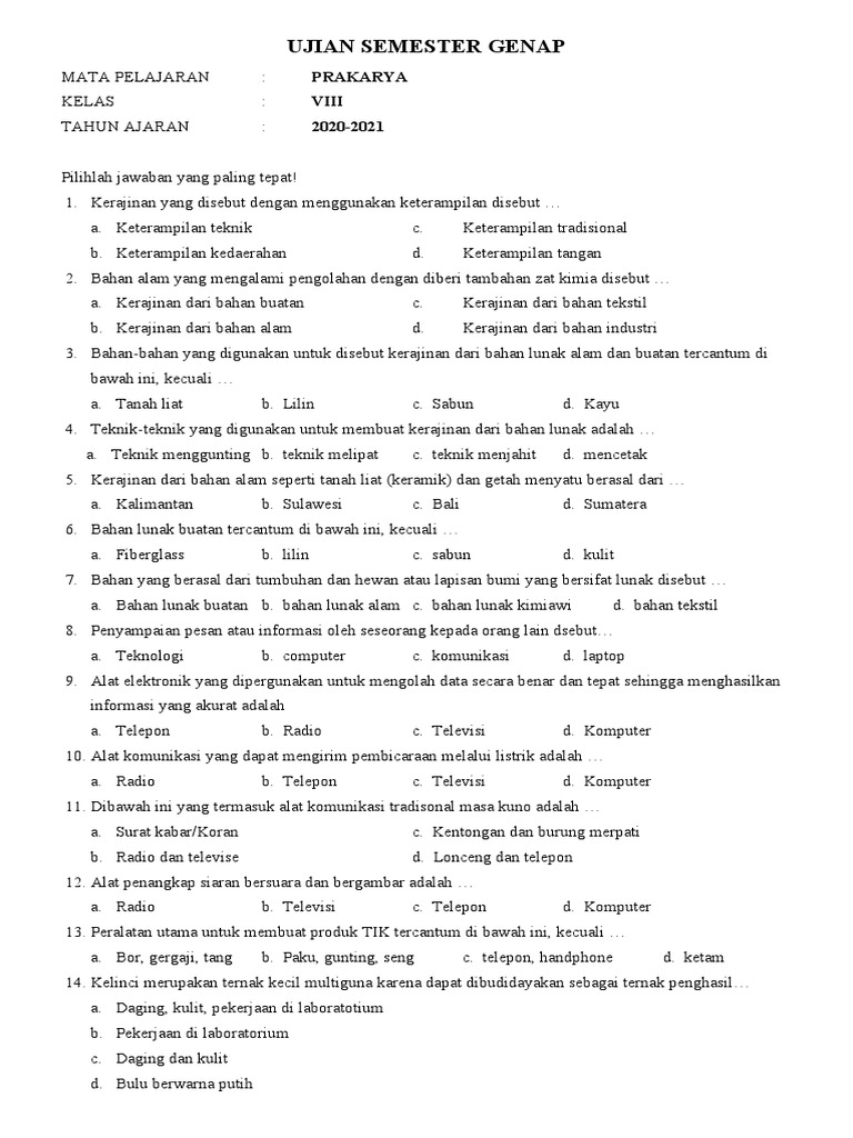Rahasia Lulus Ujian: Download Latihan Soal Prakarya Kelas 8 Semester 1 Doc Terbaru Rahasia Lulus Ujian: Download Latihan Soal Prakarya Kelas 8 Semester 1 Doc Terbaru