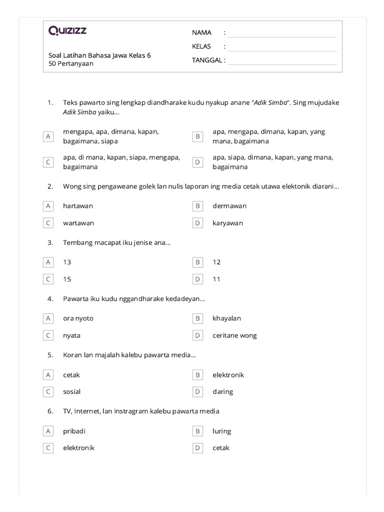 Wajib Tahu! Kumpulan Latihan Soal PTS 1 Bahasa Jawa Kelas 6 Agar Nilai Maksimal Wajib Tahu! Kumpulan Latihan Soal PTS 1 Bahasa Jawa Kelas 6 Agar Nilai Maksimal